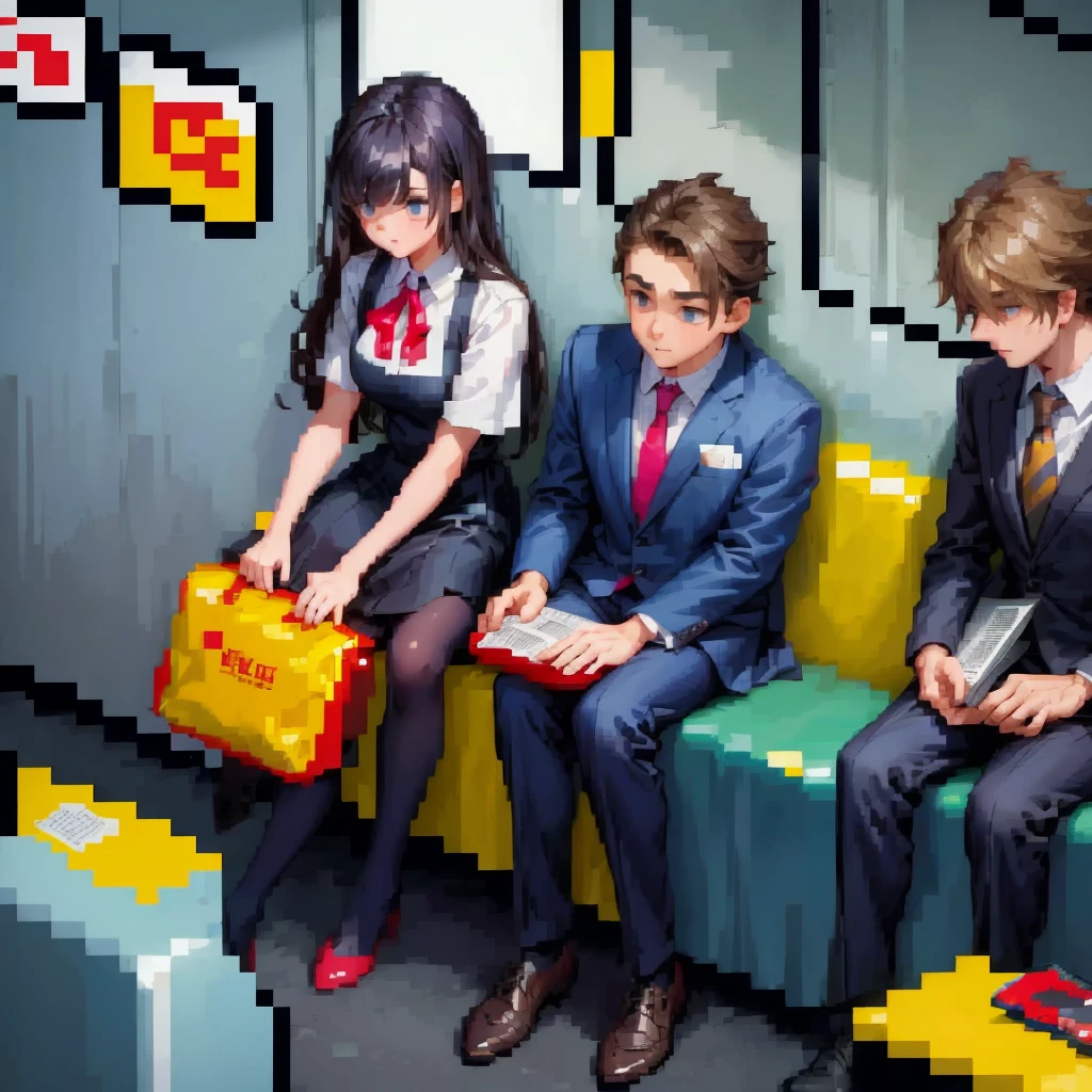 (pixel art_1.1)1female students,Composition from the front,a girl is Sitting and sleeping on the train,standing on Young man,middle-aged Multiple Salaryman,One of them office worker is reading a newspaper,pixel art,8bit,NES,