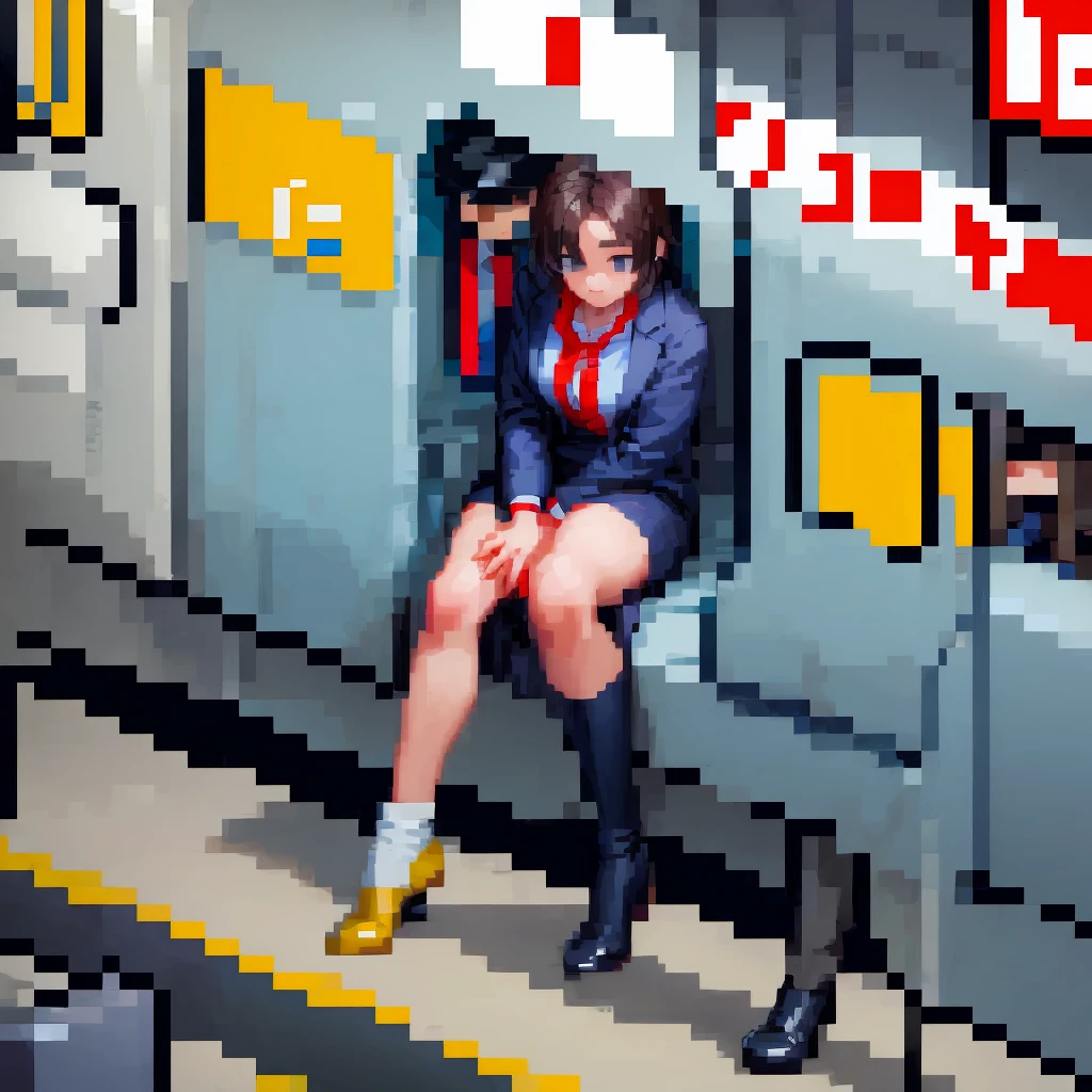 (pixel art_1.1)1female students,Composition from the front,a girl is Sitting and sleeping on the train,standing on Young man,middle-aged Multiple Salaryman,One of them office worker is reading a newspaper,pixel art,8bit,NES,