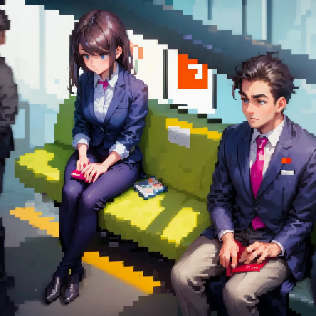 (pixel art_1.1)1female students,Composition from the front,a girl is Sitting and sleeping on the train,standing on Young man,middle-aged Multiple Salaryman,One of them office worker is reading a newspaper,pixel art,8bit,NES,