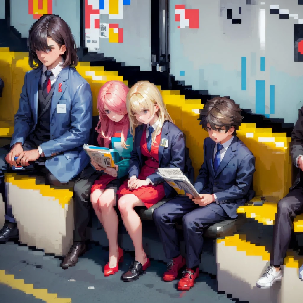 (pixel art_1.1)1female students,Composition from the front,a girl is Sitting and sleeping on the train,standing on Young man,middle-aged Multiple Salaryman,One of them office worker is reading a newspaper,pixel art,8bit,NES,