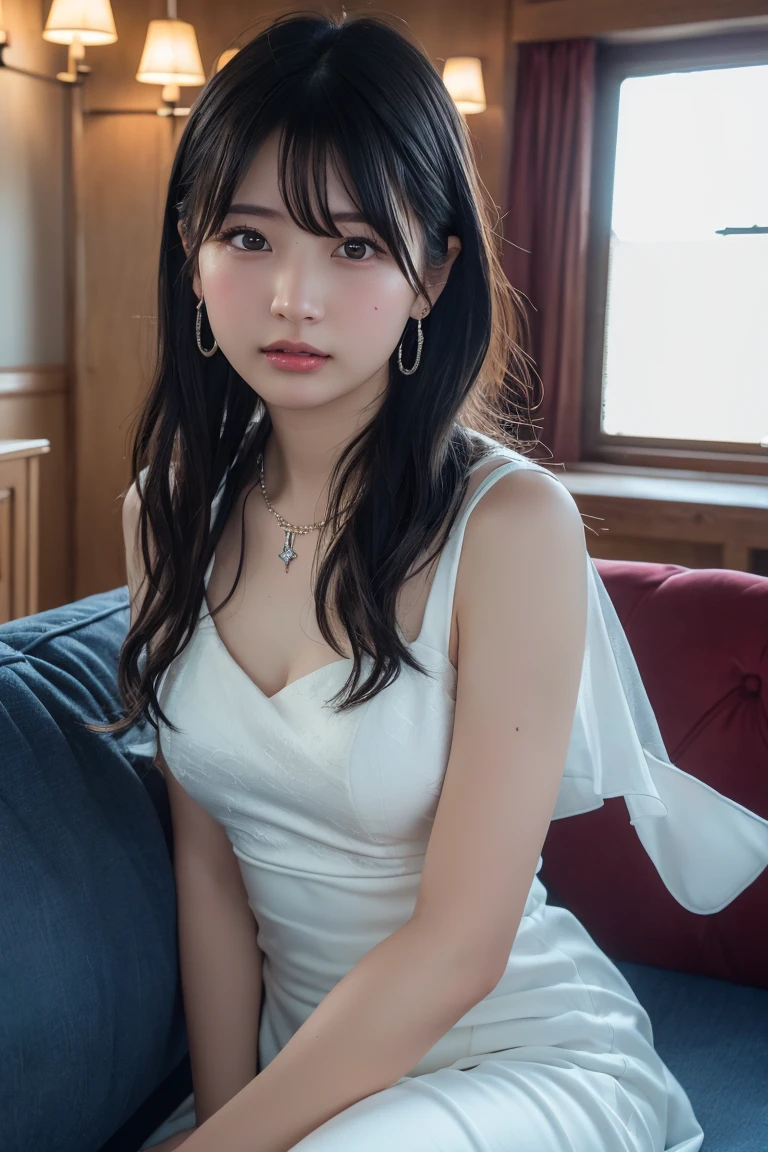 (Highest quality:1.4),(masterpiece:1.4),(Realistic:1.4),(Realistic:1.2),(超High resolution, RAW Photos:1.4),(High resolution, Ultra-detailed:1.2),(8K:1.2),View your viewers,Cinematic photography,One girl,skeletally correct,(Black Hair,Small earrings,necklace,White mermaid dress,View from the front),(Western-style building interior,Dimly lit room,The lamplight shines on my cheeks,Sit on the sofa)