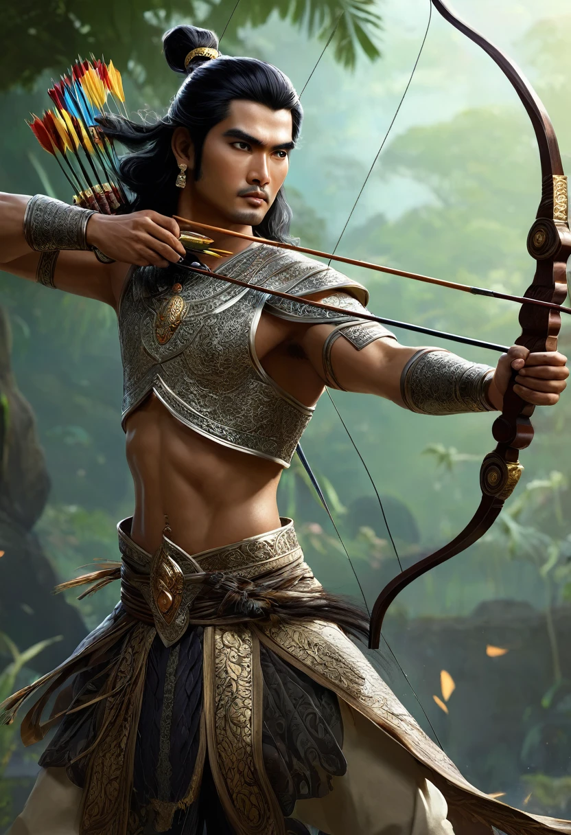 Arjuna in Mahabarata is shooting archery, holding a bow and arrow, Javanese princess, majapahit warrior, long wavy black hair, hair tied up, wide eyes looking sharp and firm, very handsome face, bare chested, wearing ancient Javanese knight jawelry, realistic, background black, fantasy, intricate, elegant, highly detailed, digital painting, art station, concept art, 4k, complete body