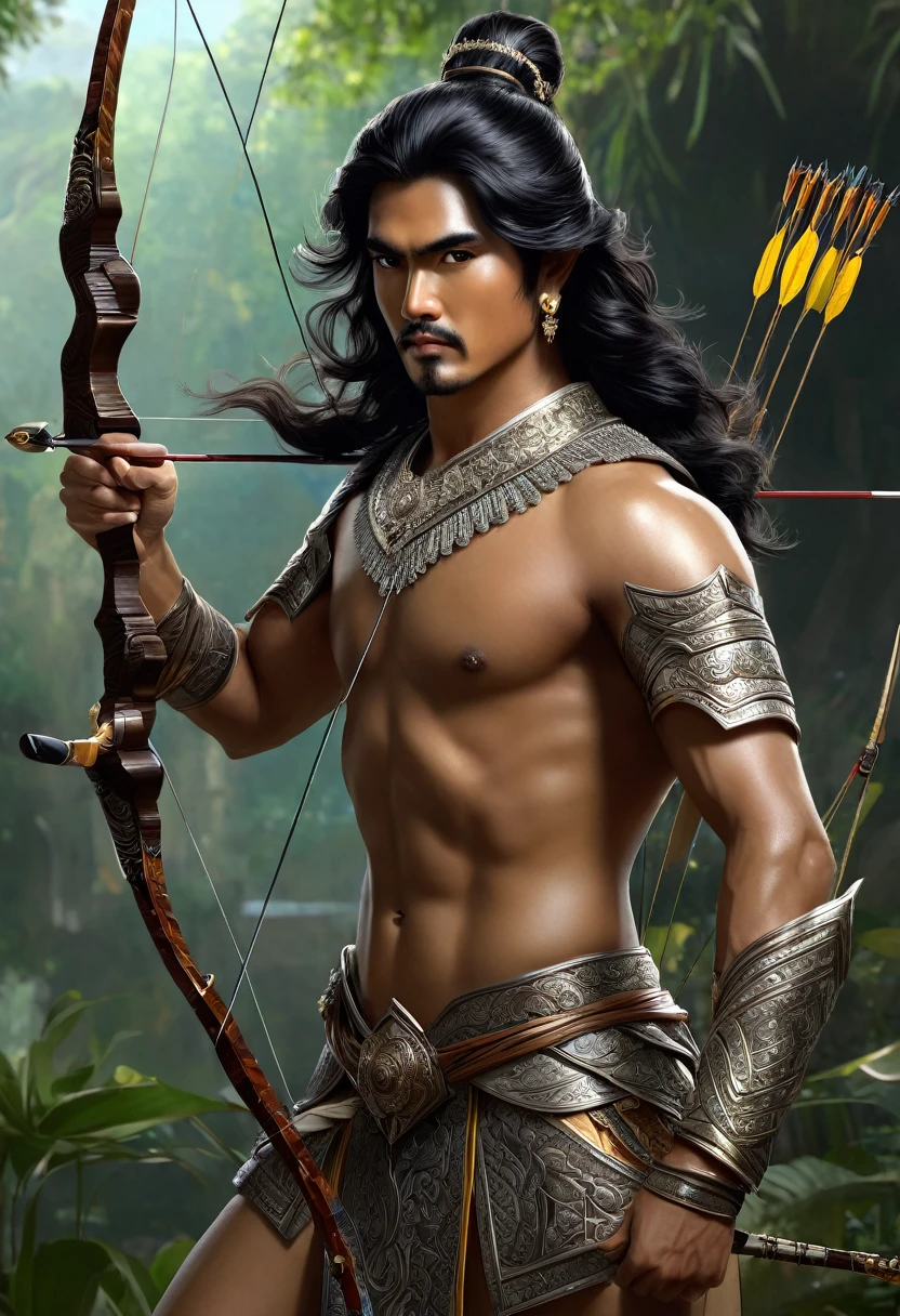 Arjuna in Mahabarata is shooting archery, holding a bow and arrow, Javanese princess, majapahit warrior, long wavy black hair, hair tied up, wide eyes looking sharp and firm, very handsome face,  chested, wearing ancient Javanese knight jawelry, realistic, background black, fantasy, intricate, elegant, highly detailed, digital painting, art station, concept art, 4k, complete body