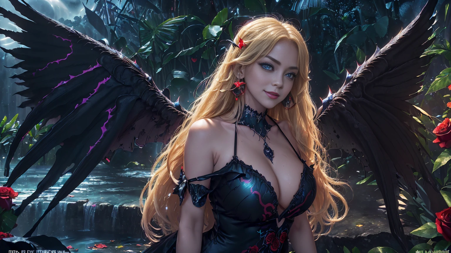 (8k resolution), wallpaper, (masterpiece), photo realistic, realism, (jungle:1.5), (red roses), (black roses:1.3), (galaxy), (nova), (Big red Moon:1.3), (supernova:1.3), (turquoise waterfalls:1.3), (waves), (purple lightning:1.3), (thunderstorm), (dark night:1.8), (darkness:1.5).
(Standing in the waterfalls) 
(Portrait girl), (Angel girl), (1 pretty fallen angel girl:1.3), (2 huge wings of angel on back:1.3), (black wings:1.3), (huge wings:1.8), (straight blond hair:1.3), looking at camera, (big blue eyes:1.3), full lips, (seductive smile:1.3), eyeliner wings, red lip stick, eyeshadow, golden earring hoops, golden choker, perfect skin, (small ????:1.3), flat stomach, (black dress:1.3), (camisole dress, tight dress:1.3), loving embrace, passion, desire, (looks at the camera)