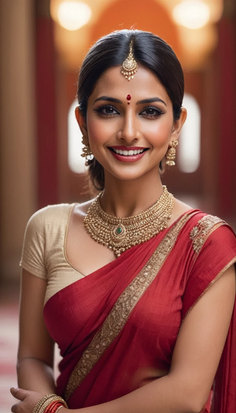 Day scene, close up photo of a  Indian queen, posing in a palace, big cheeks, super stylish red saree with wide open , accessories, earrings, necklace,  face, 36 yo, ponytail, look at viewer and smile, (cinematic:1.3), intricate details, (ArtStation:1.2)