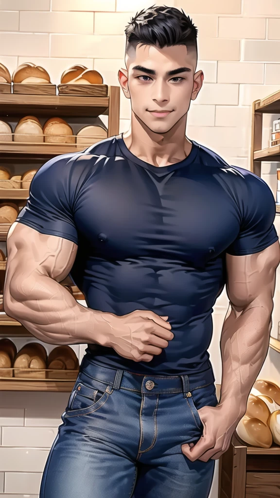 1 man,(Skinheads hairstyles) ,black eye,(Wear a fitted round neck t-shirt in navy with a police badge.:1.3),(fit neck),Navy blue jeans,(black_gloves), Korean guy,chest muscles,large arm muscles,blood vessel,Big muscles,Broad shoulders, smile, middle of the road,(In the desert:1.2),(full_shot:1.6),(In the bread shop:1.2),