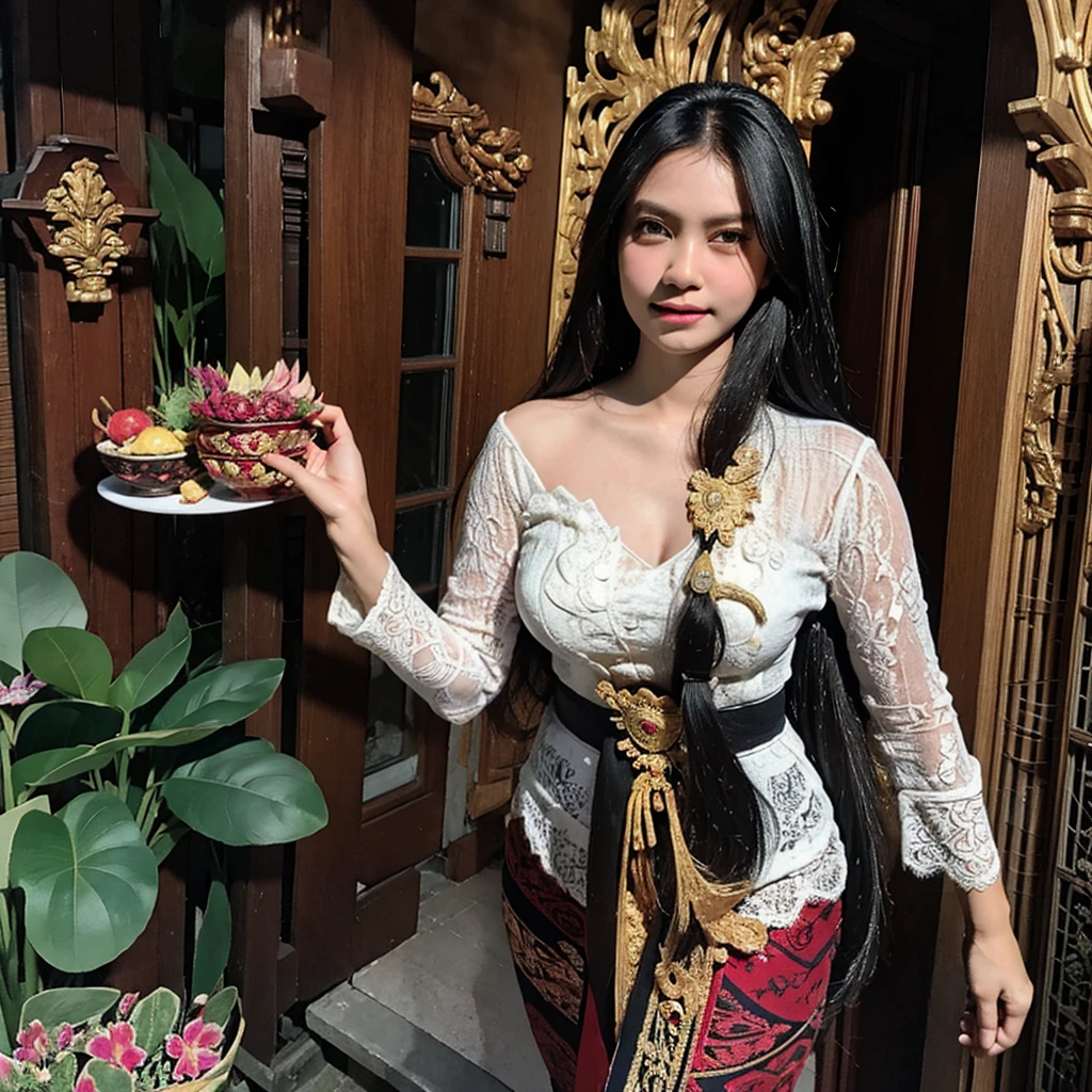 Hyperrealist portrait of female indonesian big breast topless wearing opened white balinese kebaya, long straight black hair, by david hockney and alphonse mucha, fantasy art, photo realistic, dynamic lighting, artstation, poster, volumetric lighting, very detailed faces, 4 k, award winning,, 1girl, in the dark, deep shadow, low key, super details, view full body modeling pose