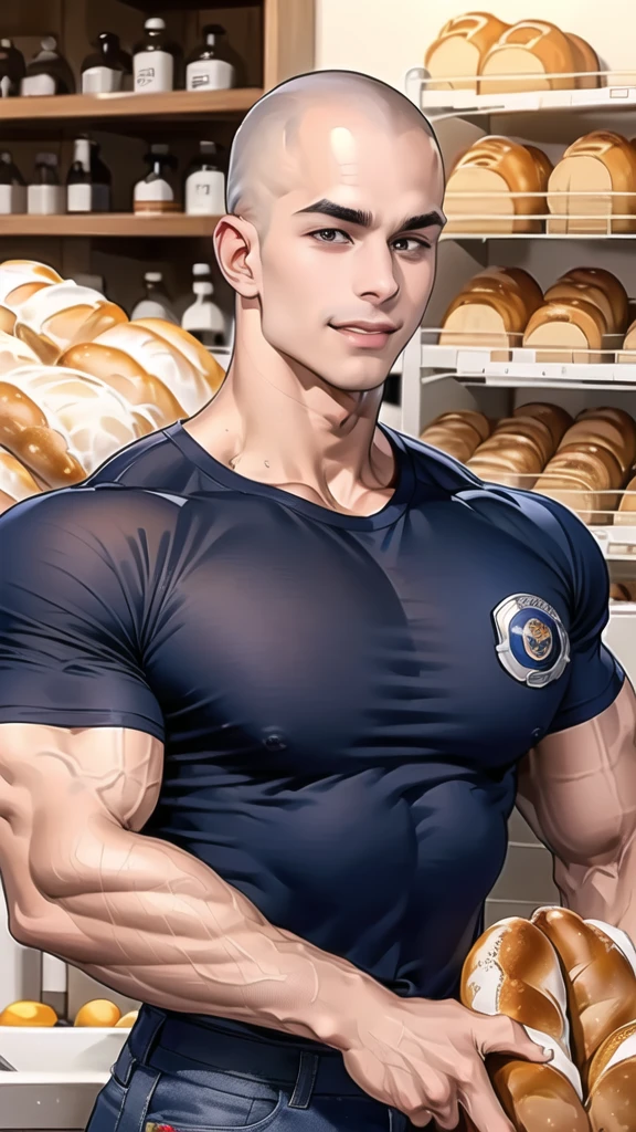 1 man,(Skinheads hairstyles) ,black eye,(Wear a fitted round neck t-shirt in navy with a police badge.:1.3),(fit neck),Navy blue jeans,(black_gloves), Korean guy,chest muscles,large arm muscles,blood vessel,Big muscles,Broad shoulders, smile, middle of the road,(In the desert:1.2),(full_shot:1.6),(In the bread shop:1.2),