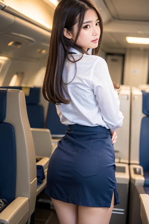 masterpiece, best quality, ultra-detailed, extremely detailed, 4K, 8K, best quality, beautiful, a pretty woman, japanese woman, solo, (((highlights hair))), beautiful brown eyes, long hair, ((stewardess)), navy blue skirt, large breast, (ashamed), from behind, almost showing panty, (panty wedgie lift),