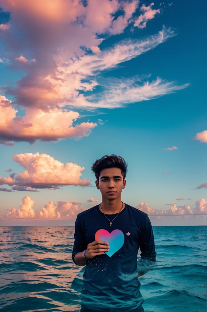 Take a photo of a young man with a broken heart in the middle of the sea and the sky full of colors