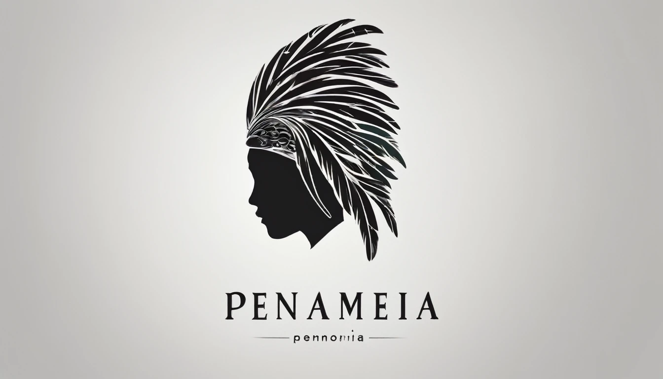 A minimal, modern, simple, cinematic logotype of a boy with a head full of feathers for the brand “Penamemoria" .