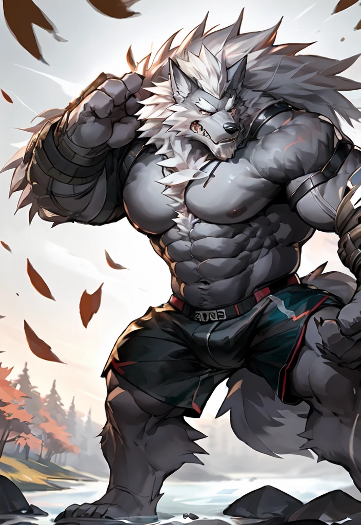 masterpiece,best quality,(1 boy:1.1),(Solitary:1.1),muscular male,Empty,8k HD,Extremely detailed,Detailed background,masterpiece,muscular,muscular anthro,grown up,(Looking at the audience:1.1),(single background:1.4), ::2],Solitary,Medium shot,whole body,(Fallen Leaves:1.1),Grass,stream,(river:1.1),Fighting Stance,
(langshu:1.3),Wolf Boy,beard,Thick eyebrows,Gray body,Wolf ears,White hair,Long hair,Wolf Tail,nail,author：(lindong:0.3),author：(null-ghost:0.7)