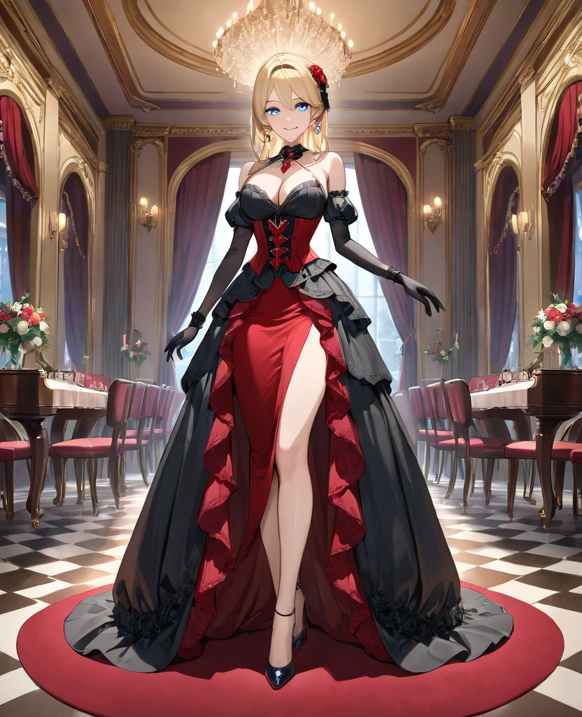 masterpiece, best quality, ultra detailed, beautiful detailed eyes, high quality fingers, normal hands, detailed fingers, masterpiece, (full body:1.2), a woman with blonde hair and bright blue eyes, dressed in a chic red and black corset, thin waist,  smile, medium size , perfect body, perfect face, set within the refined atmosphere of a Victorian ballroom. Stylish, elaborate jewelry made with expensive gems.