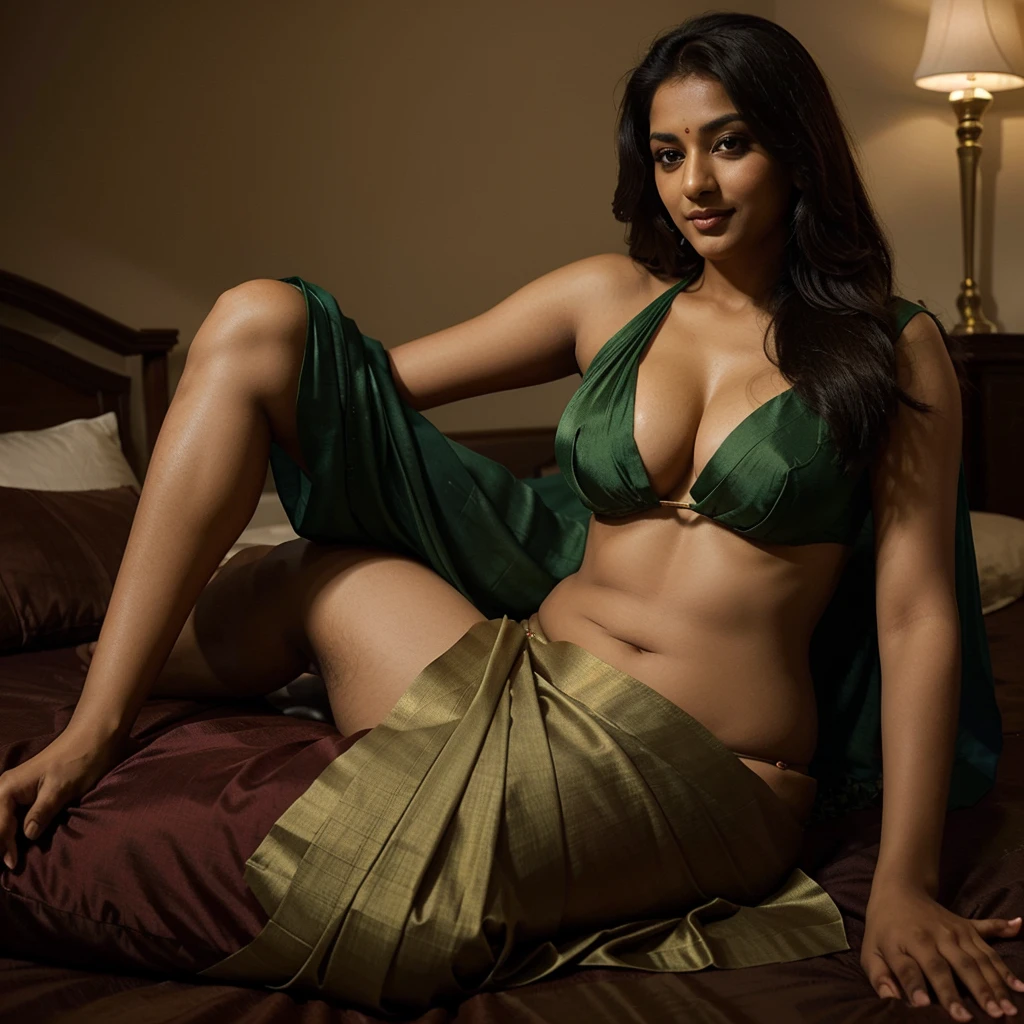 A stunning Indian woman in a revealing silk saree, reclining provocatively on a plush bed, her eyes filled with desire as she beckons a man towards her with a sultry smile. The room is dimly lit, casting seductive shadows that accentuate her curves.