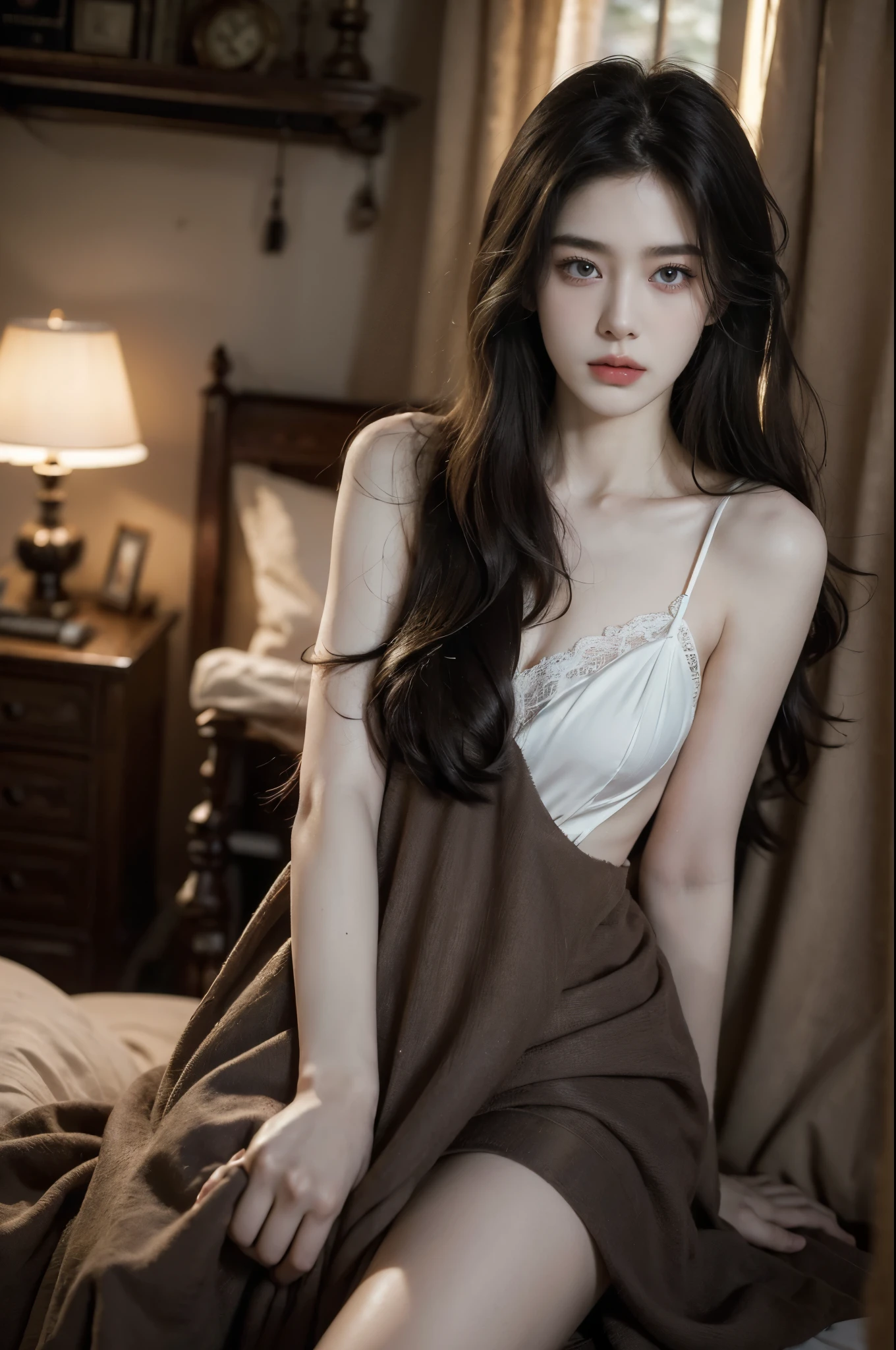 (((best quality))), (((ultra detailed))), (((masterpiece))), illustration,a beautiful girl,solo,slim,thin,messy hair,shoulder length straight bob hair,Dark Circles,Eyes bloodshot,(sad expression:1.3),flat chest,sitting on the bed,in a bedroom,halter lace nightgown, deep in thought, dimly lit room, soft glow of a digital clock, dark curtains, seclusion and introspection, disheveled hair, shadowed eyes, sleeplessness, delicate features, fragile beauty, pale skin, rouge on cheeks, heavy atmosphere, silence, soft hum of a refrigerator, woman's expression of deep contemplation, searching eyes, capturing the essence of struggle, vulnerability,(dark night scene:1.3), apart,arms behind back