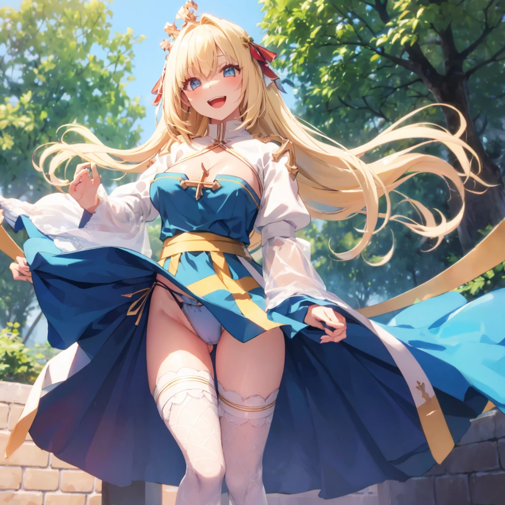 Texture CG,((Ultra Detail Art)),((​master piece)),(extremely details CG),1girl,solo,ragnarokarch,,(clothes pull,lifted by self,wedgie, lift),gal,gyaru,beautiful breasts,slim body,slim legs,collarbones,slim and smooth lines,slim waist,small butt,( slip:1.2),(from below:1.2),(ass visible through thighs),( shot),wind lift,(bikini lift,highleg,,),(White Puff Sleeves,white thigh thighs,Gold Sash,White blue dress from neck to chest,cleavage cutout,Long blue skirt with slit),((over the knee length pelvic curtain)),(Blue Wide Sleeve,(Blue Dress wedgie Front)),long hair,golden blonde hair,Curve,Beautiful detailed eyes ,gleaming skin,open mouth,smile,outsides,clear sky,in summer,windy,garden, 
