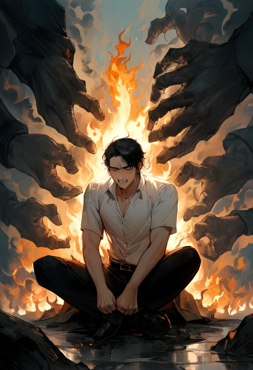 1 Man, handsome, white shirt, black hair, blond pupils, sitting on the ground, gritted teeth, fists, half: 1.2, anger: 1.2, tears, surrealism