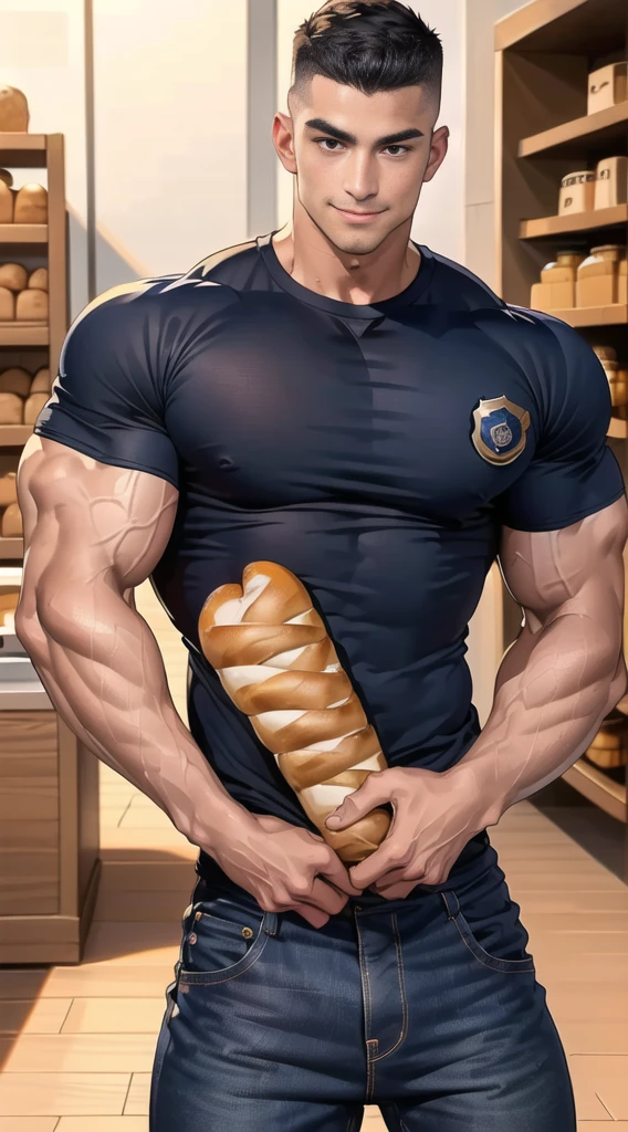 1 man,(Skinheads hairstyles) ,black eye,(Wear a fitted round neck t-shirt in navy with a police badge.:1.3),(fit neck),Navy blue jeans,(black_gloves), Korean guy,chest muscles,large arm muscles,blood vessel,Big muscles,Broad shoulders, smile, middle of the road,(full_shot:1.6),(In the bread shop:1.2),