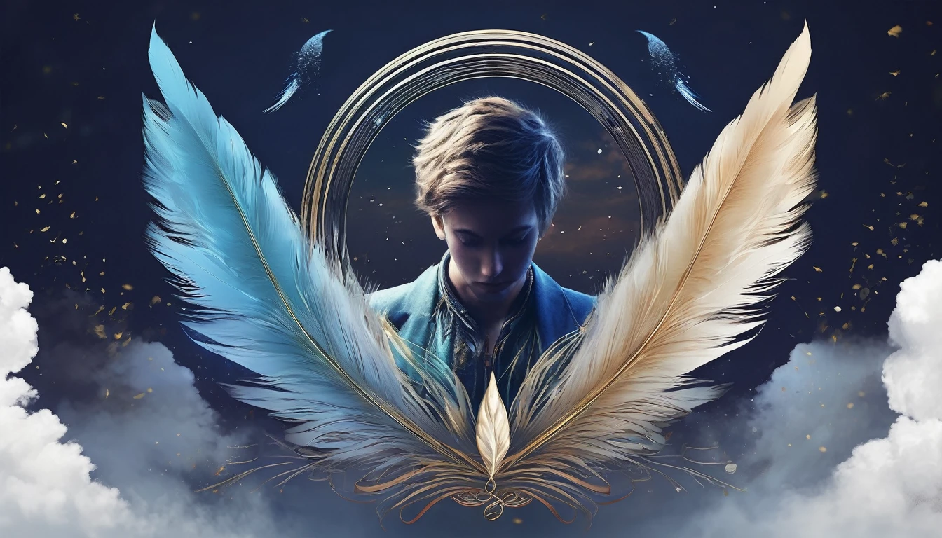 Create a professional, fantastic, cinematic dream-like Youtube Banner for a brand about music, stories, fantasy and dreams called " Penamemoria". Masterpiece, 4k, sharp focus, highest quality,wide shot. The title is " Penamemoria". Is a brand about the creative, unique journey of a boy into becoming a musician storyteller. In his journey he finds inspiration in a world of birds and feathers. Minimalistic, simple, poetic, dreamy logotype at the center of the image. The Background image is a world full of fantastic feathers, unique birds, light blue sky, soft white and light golden. Logo design of a face of a boy and a face of a feather