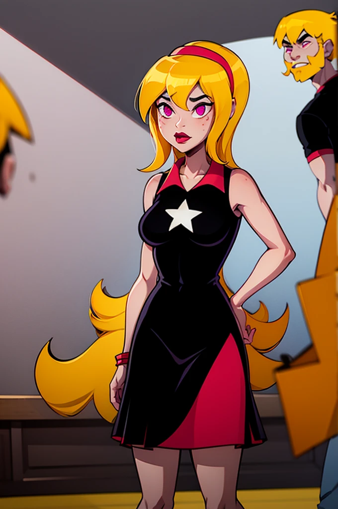 yellow hair, black dress, freckles, lipstick, red skirt, sleeveless, Lucy Mann, big , purple eyes