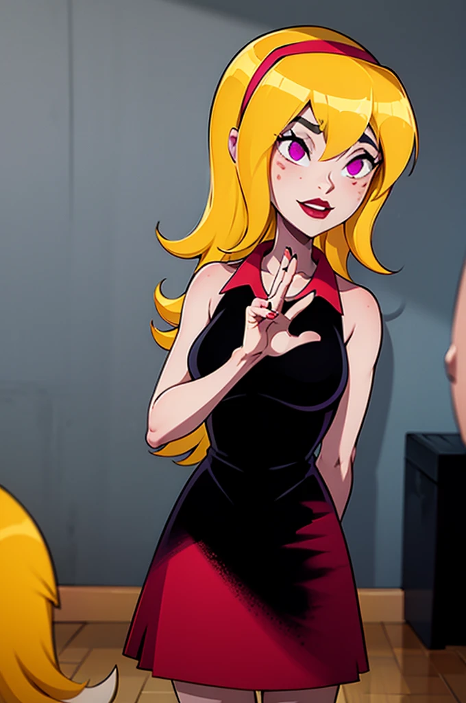 yellow hair, black dress, freckles, lipstick, red skirt, sleeveless, Lucy Mann, big , purple eyes