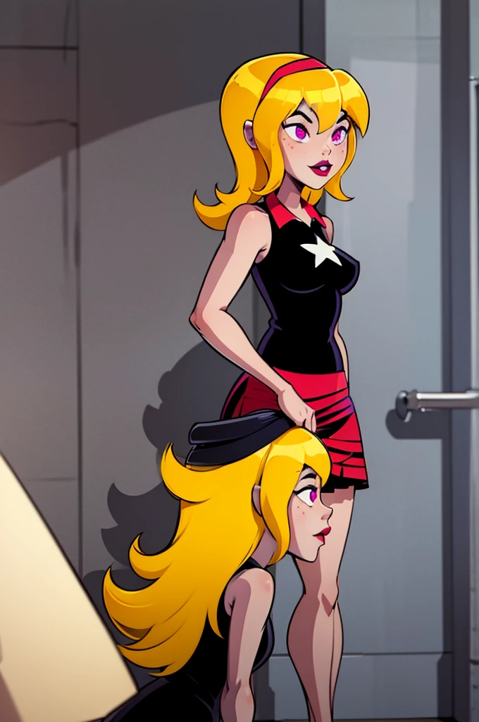 yellow hair, black dress, freckles, lipstick, red skirt, sleeveless, Lucy Mann, big , purple eyes