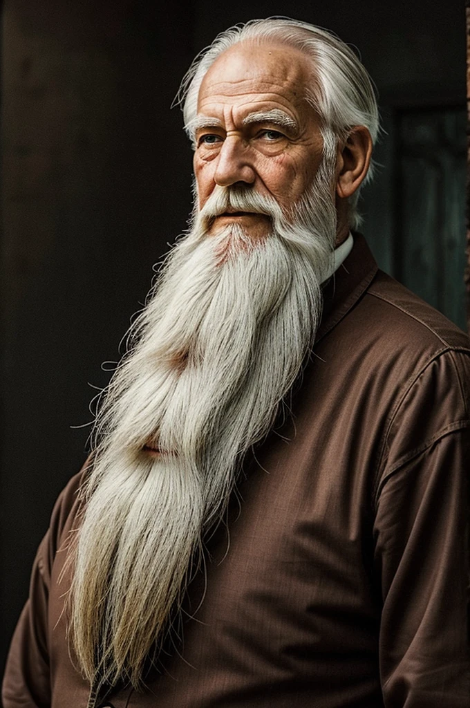 Old Man Hottabych from a fairy tale. Grandfather with a white long beard 