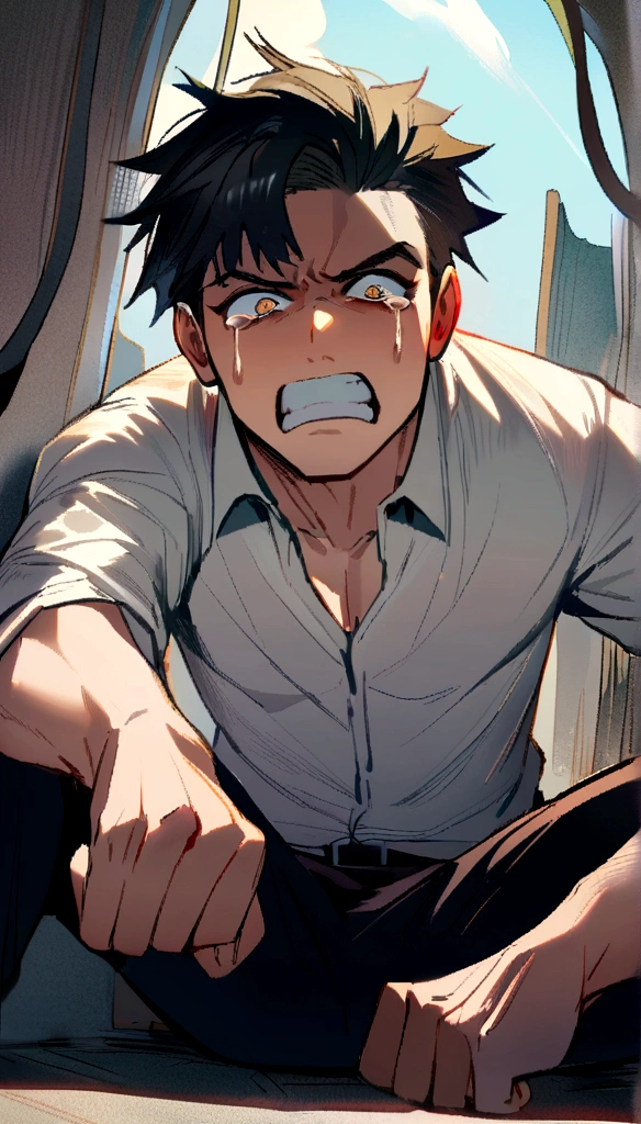 1 Man, handsome, white shirt, black hair, blond pupils, sitting on the ground, gritted teeth, fists, half: 1.2, anger: 1.2, tears, surrealism
