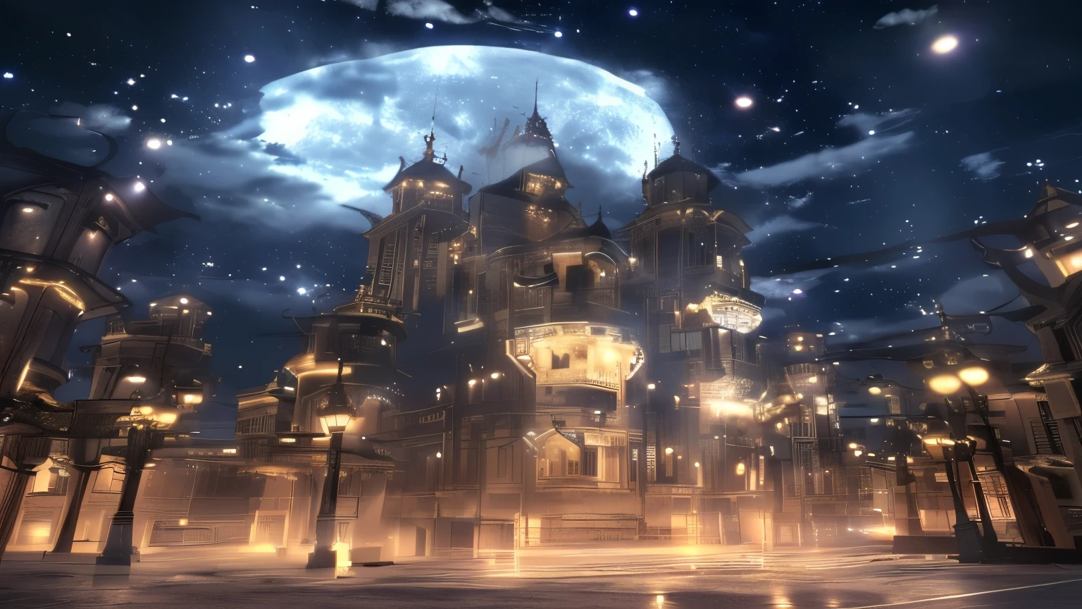 Bell Tower的夜景，Background with full moon, victorian steampunk big city, Steampunk aesthetic, very far royal steampunk castle, Complex and gorgeous anime CGI style, 维多利亚Steampunk cityscape, Steampunk cityscape, Popular on artstation pixiv, estilo de fantasia steampunk, Victorian science fiction, golden steampunk city atmosphere, Victoria City, Bell Tower