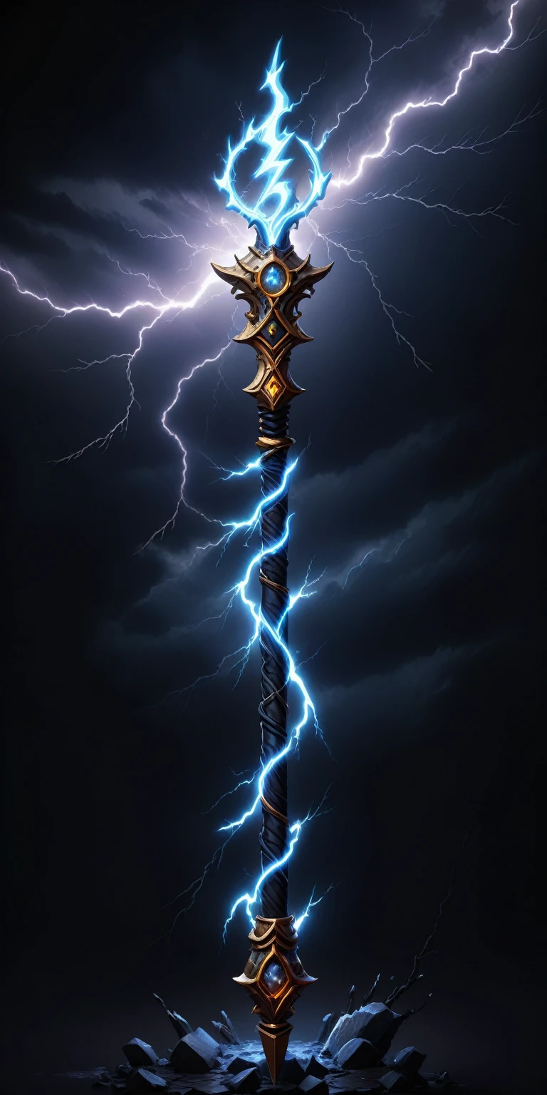 (pixel art, cartoon illustration, Stormcaller staff, Lightning theme, simple black background, RPG game icon)