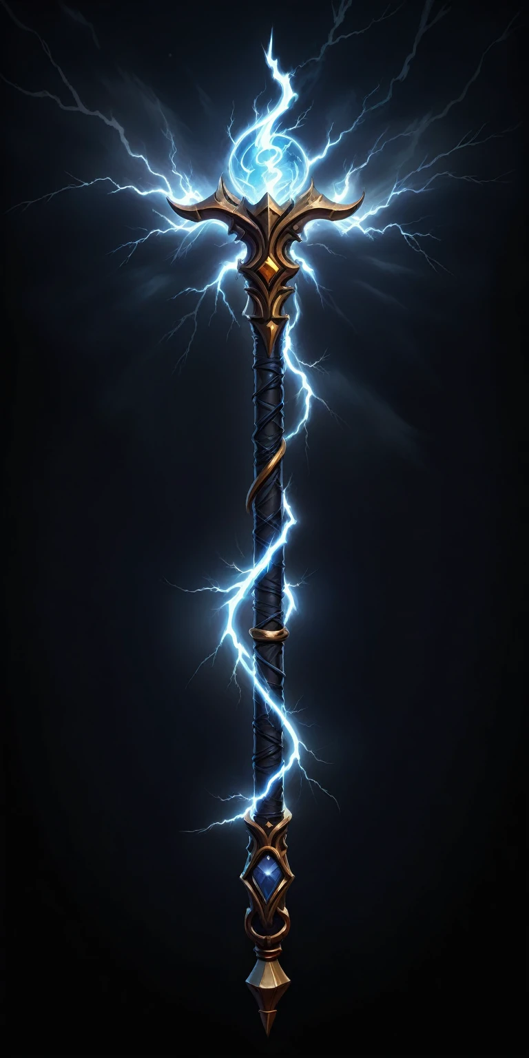 (pixel art, cartoon illustration, Stormcaller staff, Lightning theme, simple black background, RPG game icon)