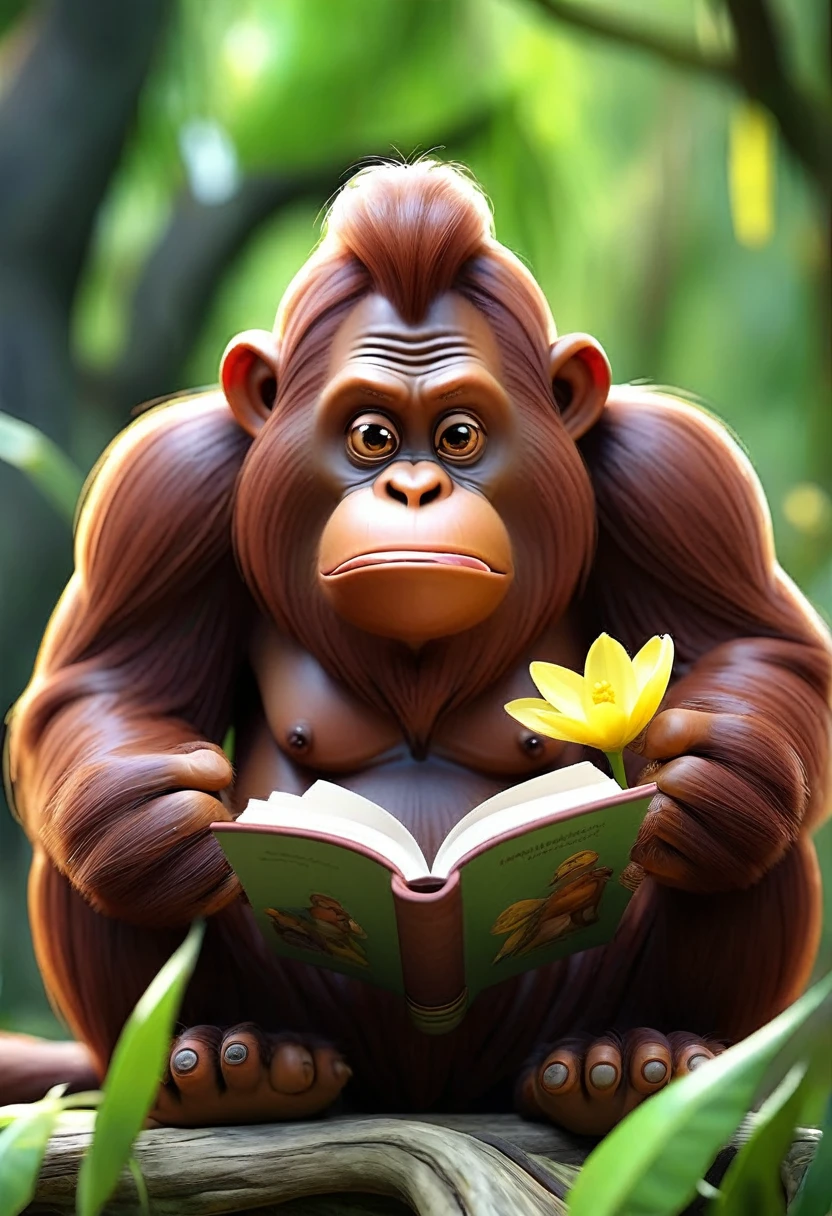 Cartoon, cute, banana, modern style, watercolor style, stained, 8K, ultra-fine, hyper-realistic, masterpiece, best quality,
Deep in the mountains, an old and kind orangutan wise man is sitting in front of a big tree with four orangutans surrounding a daffodil that emits a mysterious smell. The old orangutan wise man is holding a book in his hand and is explaining to the orangutans. "The Book of Songs". Orangutan talking and discussing with elders and holding book