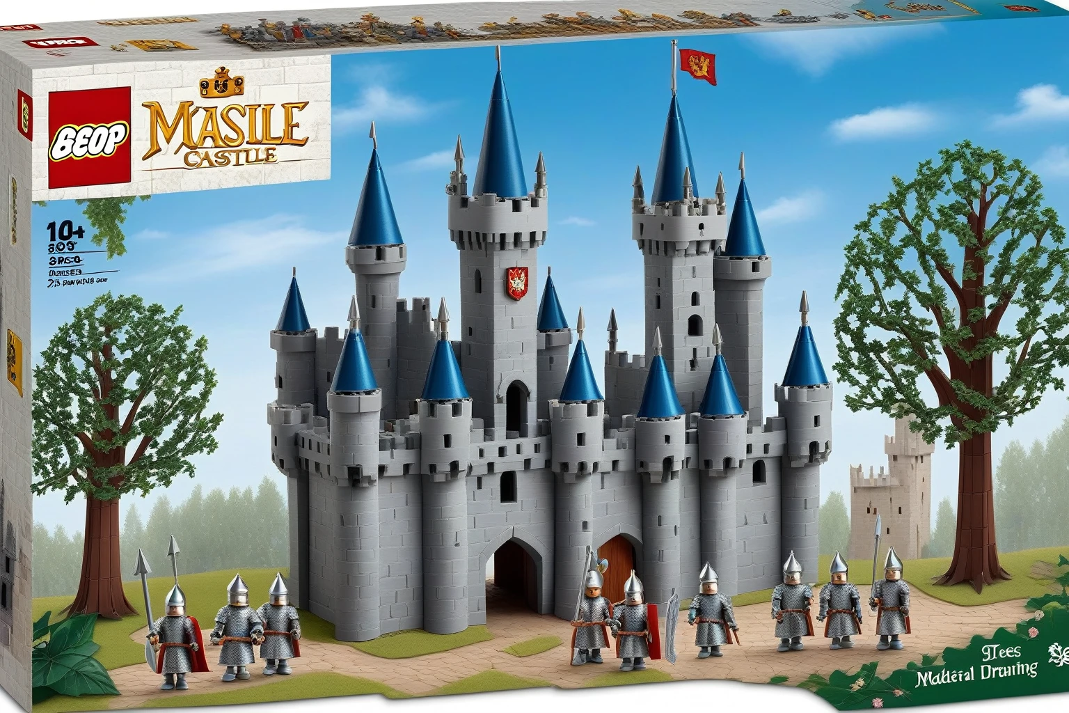 lego Medieval Castle, box, Medieval Castle and some knights and some medieval infantries and a dragon and a majician amd trees with flowers blue sky drawing, Medieval Castle