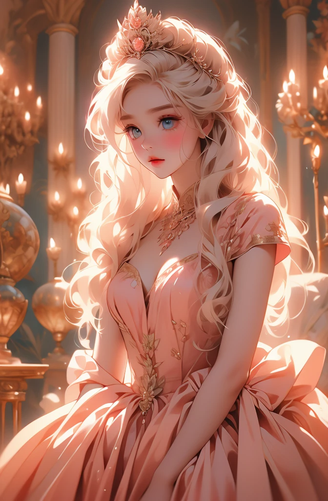 White Blonde hair, fluffy hair, stylish hair, long hair, lilac eyes, perfect eyes, beautiful, perfect face, tween, dainty , short, kind, curvy, a flowing pale airy gown with ruffles along the bottom with tiny pink flowers and gold dragon embroideries with flowers, Her tiara had a pretty teal gemstones, silver necklace, noble class, royal, royalty, red castle, feasting hall, medieval, elegant surroundings, soft dewy makeup look, light peach blush, soft tan eyeshadow, light coral lipstick, cutesy, girlish, girly, guileless, ingénue, princess , whimsical lighting, Targaryen, dragons in the sky, photorealistic
