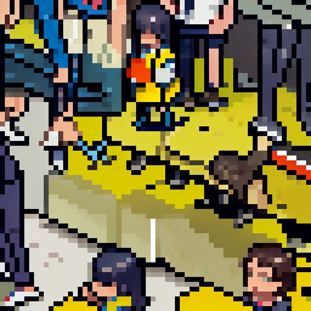 (pixel art_1.1)1female students,Composition from the front,a girl is Sitting and sleeping on the train,standing on Young man,middle-aged Multiple Salaryman,One of them office worker is reading a newspaper,pixel art,8bit,NES,