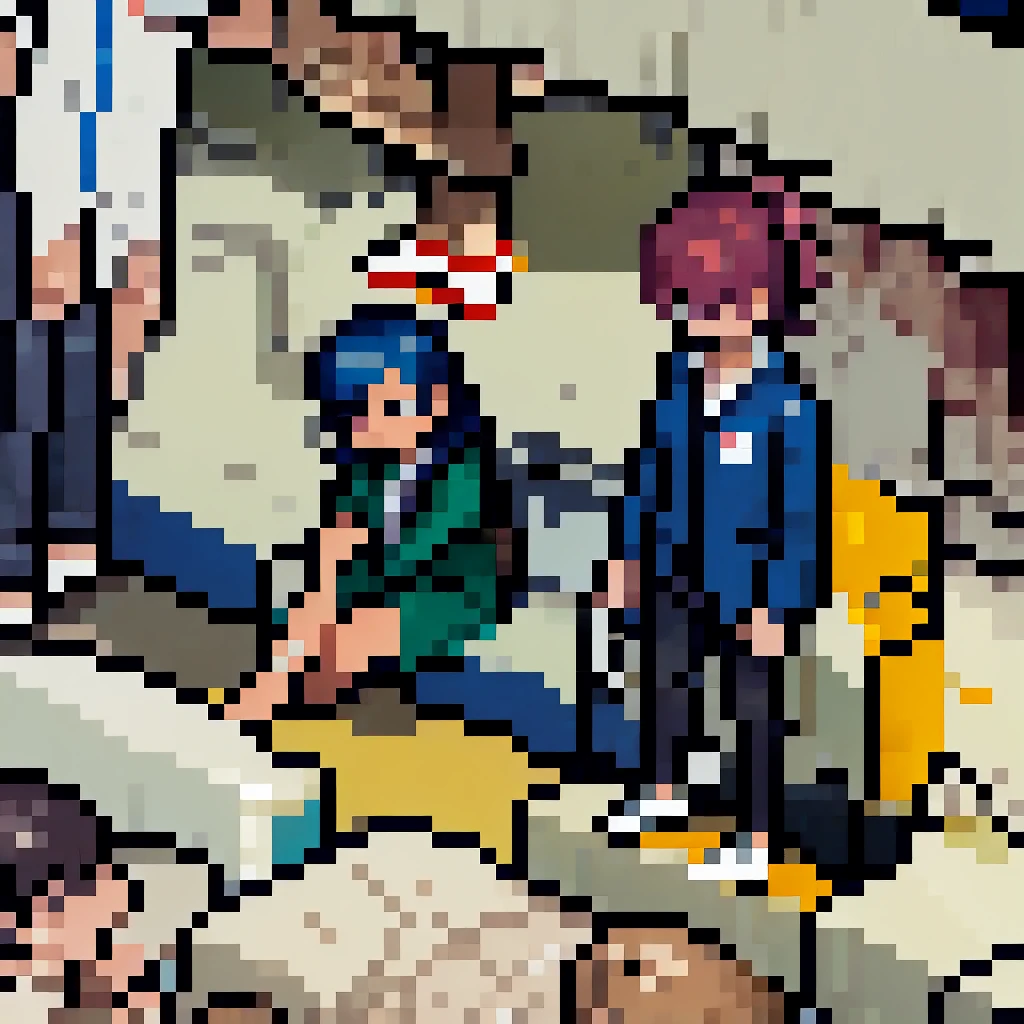 (pixel art_1.1)1female students,Composition from the front,a girl is Sitting and sleeping on the train,standing on Young man,middle-aged Multiple Salaryman,One of them office worker is reading a newspaper,pixel art,8bit,NES,