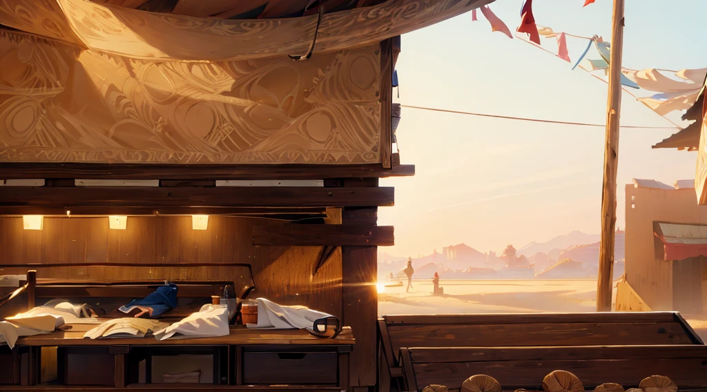 traditional market, market stall, market tens, wooden box, wooden table, ((sand ground, sand hill)), dawn time, early morning,