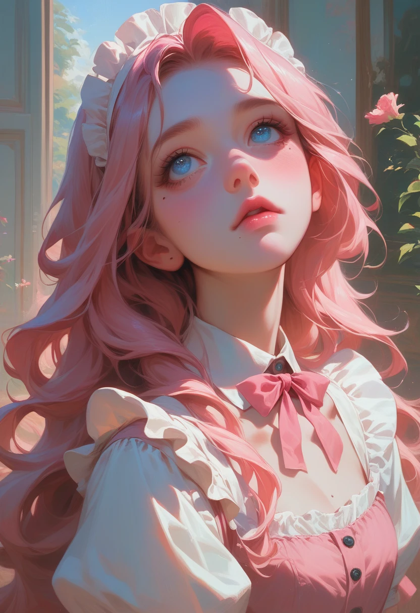 best quality, masterpiece,pink loose long hair, blue eyes,maid clothes, looking up, upper body,hair strand,Fair skin, a mole under left eye, pink lips, in 10 years
