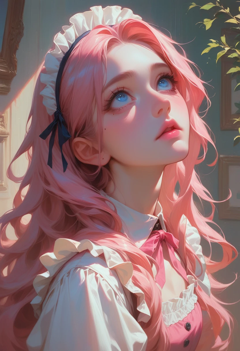 best quality, masterpiece,pink loose long hair, blue eyes,maid clothes, looking up, upper body,hair strand,Fair skin, a mole under left eye, pink lips, in s