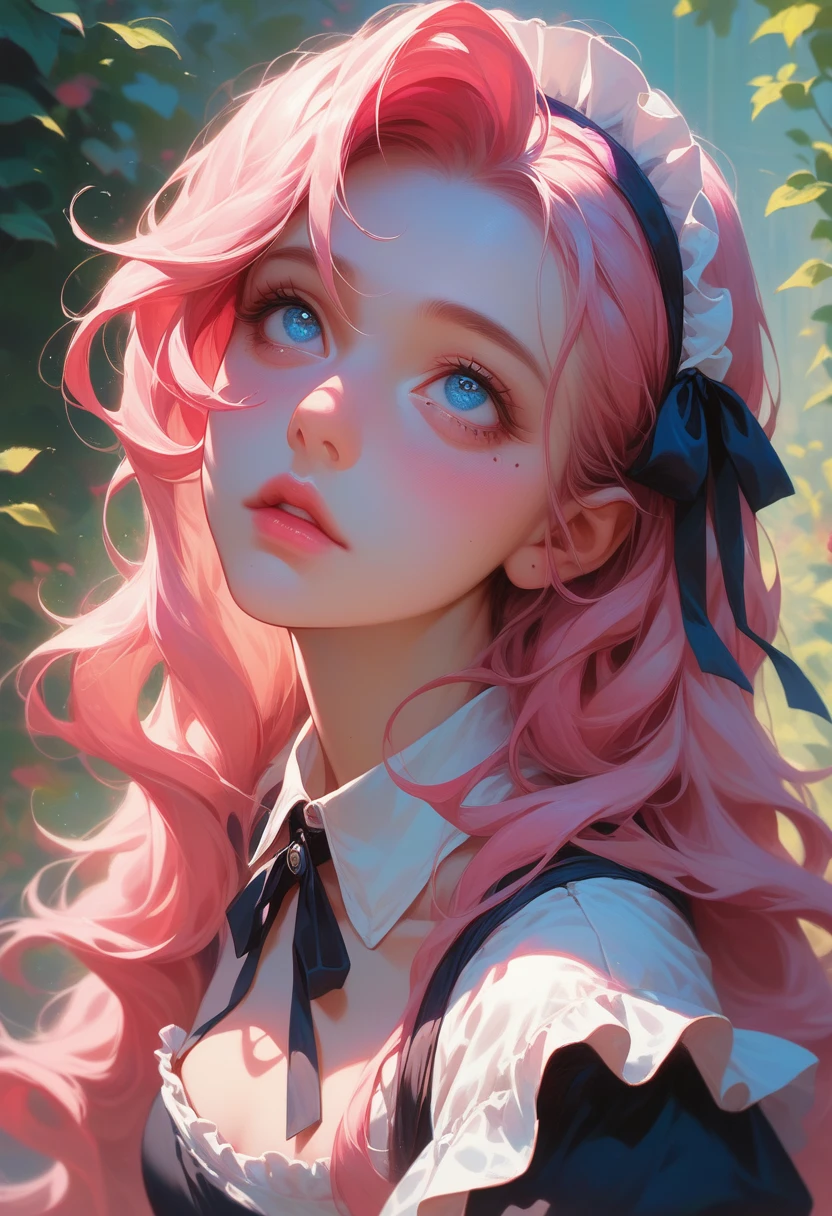 best quality, masterpiece,pink loose long hair, blue eyes,maid clothes, looking up, upper body,hair strand,Fair skin, a mole under left eye, pink lips, in 10 years