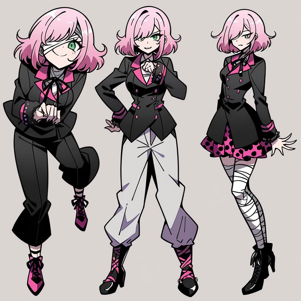 (masterpiece), best quality, expressive eyes, perfect face, ((lace)), (bandages over one eye), (1girl), (dynamic pose), (smirk), (full body), ((flirting with viewer)), (black highlights in hair), ((tailor)), (pink hair), (side swept bangs), (fluffy hair), (short hair), (Visual kei fashion), (flared pants), (bandages on right leg), (green eyes),