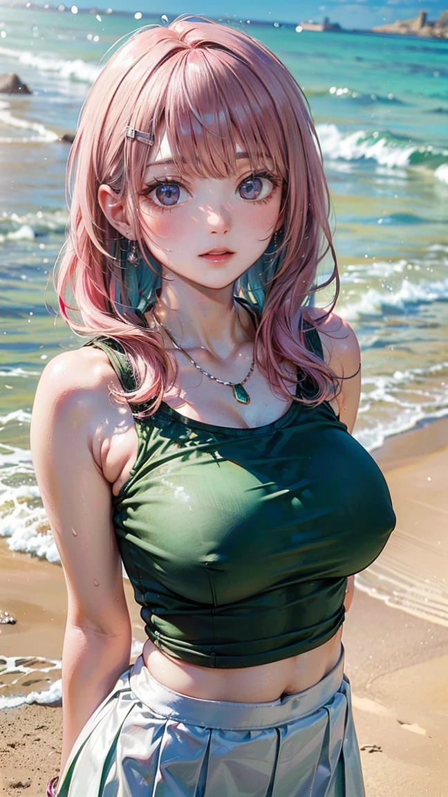 (Masterpiece, BestQuality:1.3), (ultra detailed:1.2), (hyperrealistic:1.3), (RAW photo:1.2), High detail RAW color photo, professional photograph, (Photorealistic:1.4), (realistic:1.4), professional lighting, perfect ???????, (???????????:1.2), (blush, detailed face), (Giddy Smile:1.8), Trending Hair&Trending Hairカラーをランダムに, earrings, necklace, bracelet, sexly, ?????? sexly, Random ???? gravure poses, (A beautiful pink-haired woman wearing a green top and white skirt、She is smiling and posing ???? while playing in the sand on the beach.。:1.3)