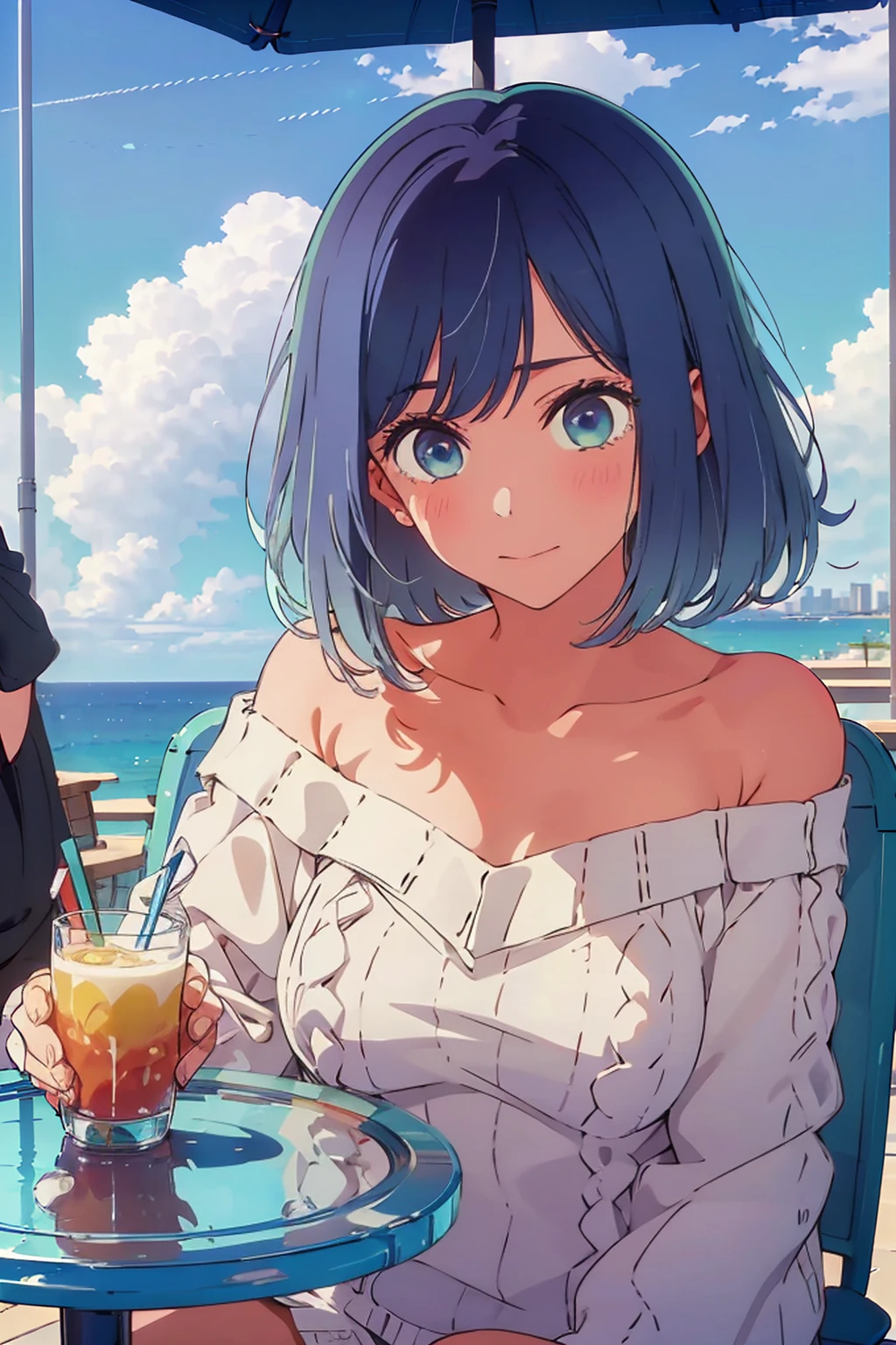 (Highest quality:1.4、8K:1.4、detailed)、F cup bust、Big Breasts、Slim body、Very white beautiful skin、((((1 person、Surprised expression、sit、Chair、In the background are the urban buildings of Tokyo、looking at the camera、Outdoor café terrace、coastal、Navy hair color、juice、Shooting up close、table、Very cute face))))、(Pose of putting hair behind ears with hands:1.4）、((((Areola、Off-the-shoulder sweater))))、nude、Very blue sky、A completely cloudless sky