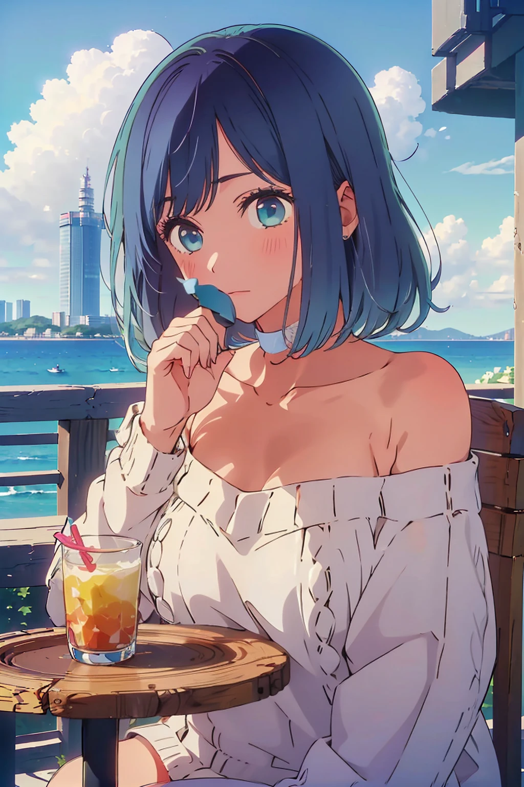 (Highest quality:1.4、8K:1.4、detailed)、F cup bust、Big Breasts、Slim body、Very white beautiful skin、((((1 person、Surprised expression、sit、Chair、In the background are the urban buildings of Tokyo、looking at the camera、Outdoor café terrace、coastal、Navy hair color、juice、Shooting up close、table、Very cute face))))、(Pose of putting hair behind ears with hands:1.4)、((((Areola、Off-the-shoulder sweater))))、nude、Very blue sky、A completely cloudless sky