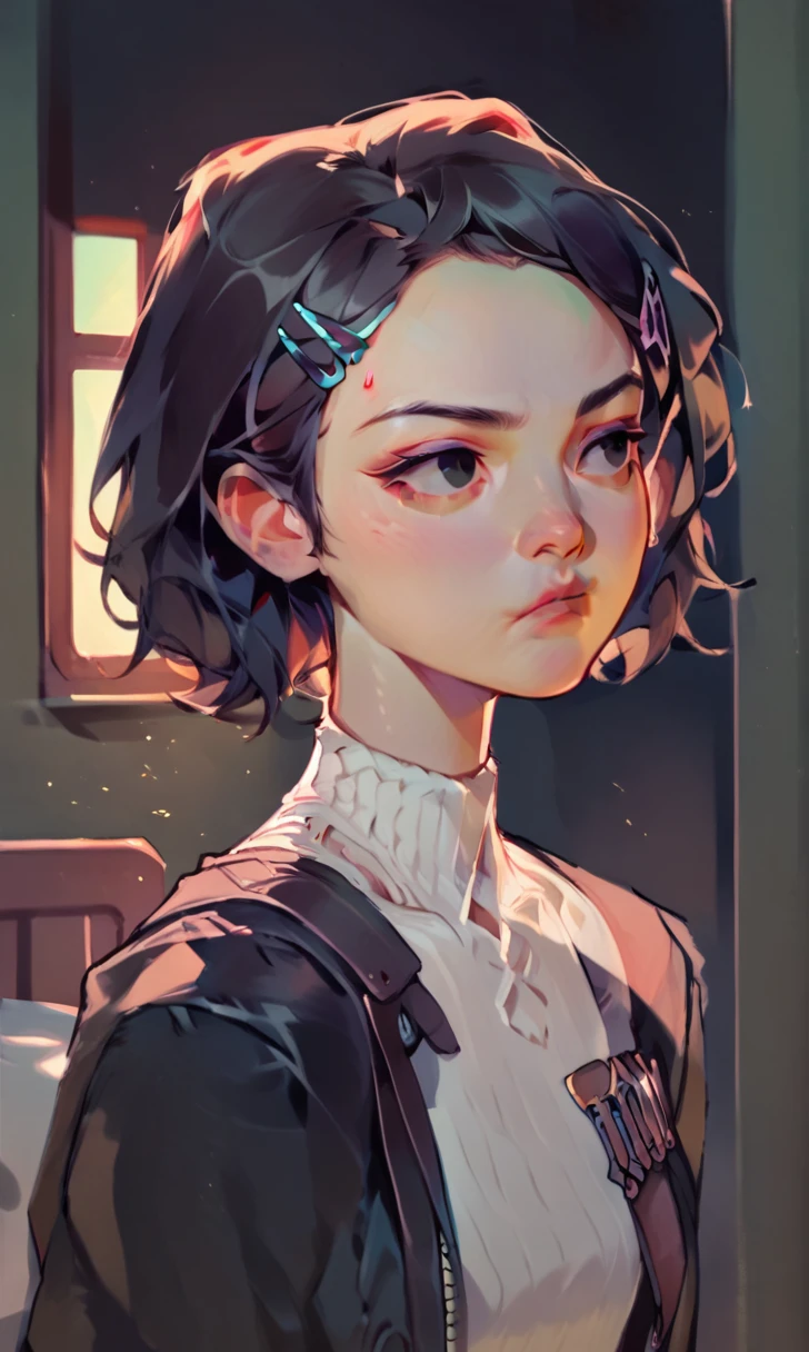 (score_9, score_8_up), score_7_up, score_6_up, score_5_up, score_4_up, Zenko, 1girl, black hair, rim lighting, half-length portrait, hair ornament, hairclip, black eyes, short hair, black leather jacket, white dress, standing, hands behind back, looking away, pout, white socks, black footwear, cheeks, pout, indoors, bedroom, close-up xaxaxa