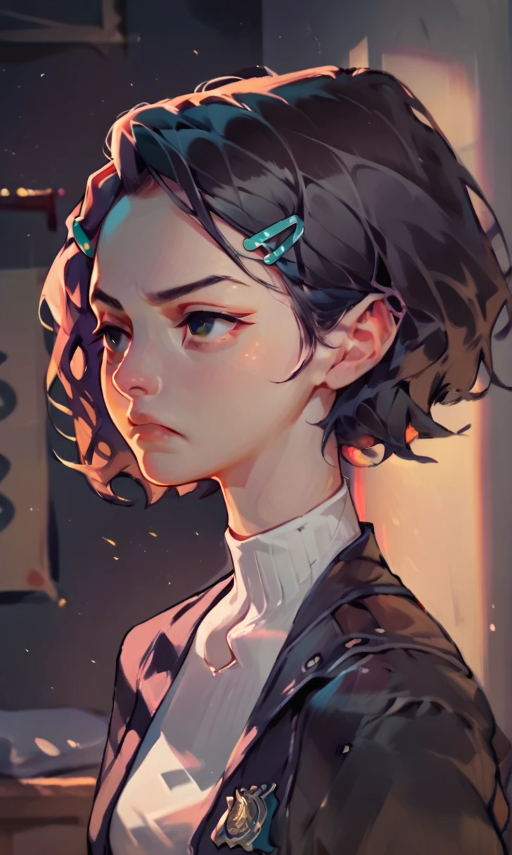 (score_9, score_8_up), score_7_up, score_6_up, score_5_up, score_4_up, Zenko, 1girl, black hair, rim lighting, half-length portrait, hair ornament, hairclip, black eyes, short hair, black leather jacket, white dress, standing, hands behind back, looking away, pout, white socks, black footwear, cheeks, pout, indoors, bedroom, close-up xaxaxa