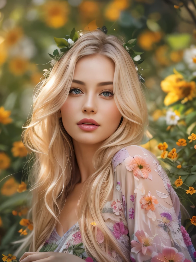 A serene summer day, an ultra hot gorgeous European woman. Age 23. relaxing in a lush garden, her long blonde hair flowing in the gentle breeze, wearing a delicate floral dress, surrounded by vibrant blooms, butterflies fluttering nearby, warm sunlight filtering through the trees, a dreamlike atmosphere, (best quality,8k,highres,masterpiece:1.2),ultra-detailed,(realistic,photorealistic,photo-realistic:1.37),detailed eyes,detailed lips,extremely detailed face,longeyelashes,intricate floral patterns,natural lighting,warm color palette,cinematic composition