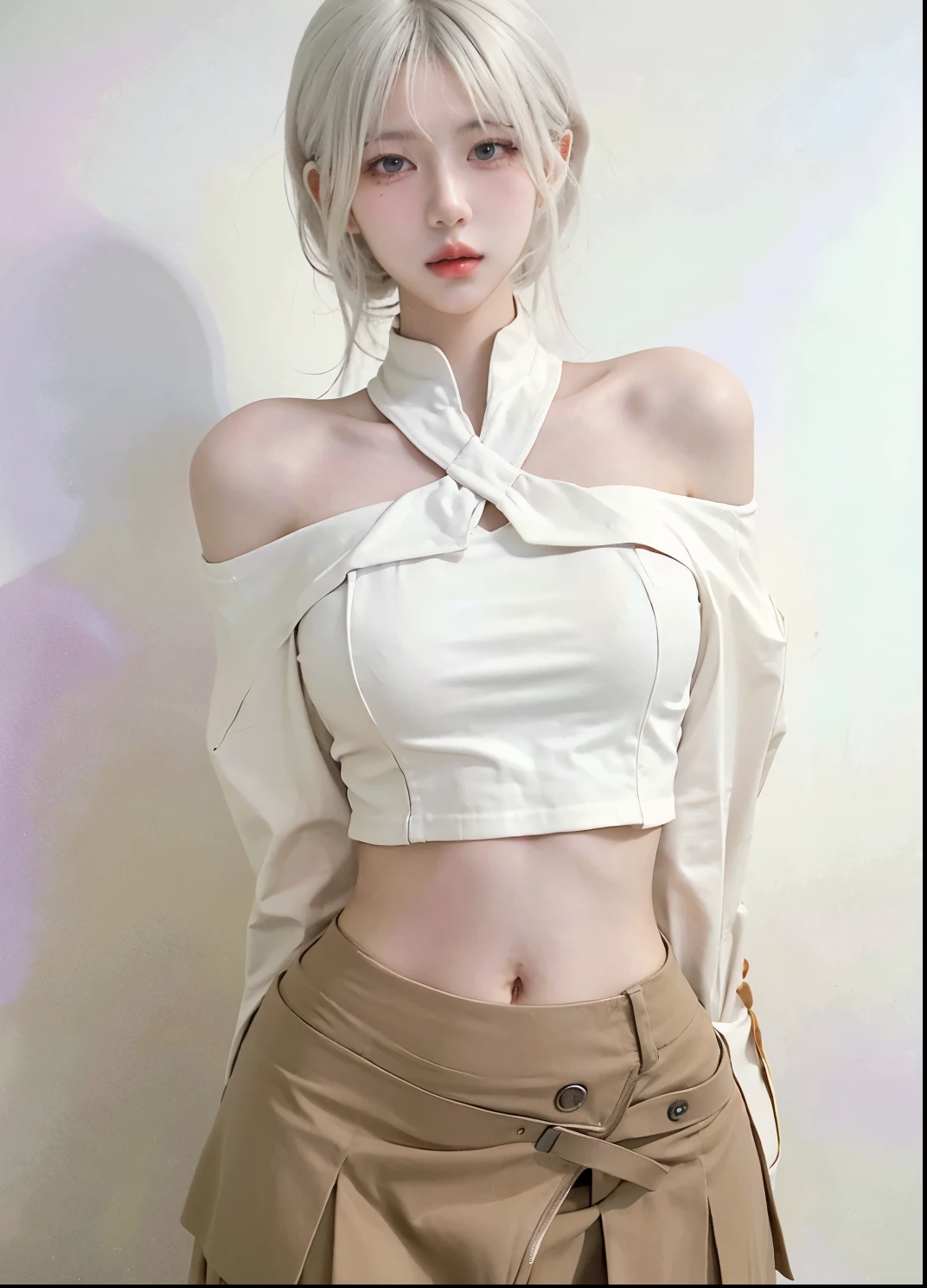 Beautiful woman with perfect figure:1.4，2 girls，Ultra-high resolution，White background，（Realism:1.4)，Layered hairstyle，White skin，JK:1.5，Super short pleated skirt，whole body：1.4，Very delicate and skin texture，Double eyelids，Skin Whitening，Long hair，White hair
