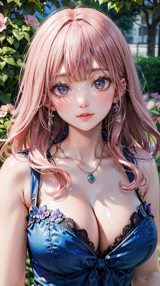 (Masterpiece, BestQuality:1.3), (ultra detailed:1.2), (hyperrealistic:1.3), (RAW photo:1.2), High detail RAW color photo, professional photograph, (Photorealistic:1.4), (realistic:1.4), professional lighting, perfect anatomy, (Big Breasts:1.2), (blush, detailed face), (Giddy Smile:1.8), Trending Hair&Trending Hairカラーをランダムに, earrings, necklace, bracelet, sexly, erotic sexly, Random sexy gravure poses, (A beautiful pink-haired woman in a blue summer dress、She is smiling and posing sexy while playing with flowers in a flower garden.。:1.3)