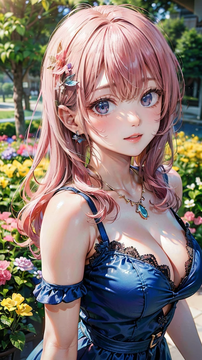 (Masterpiece, BestQuality:1.3), (ultra detailed:1.2), (hyperrealistic:1.3), (RAW photo:1.2), High detail RAW color photo, professional photograph, (Photorealistic:1.4), (realistic:1.4), professional lighting, perfect anatomy, (Big Breasts:1.2), (blush, detailed face), (Giddy Smile:1.8), Trending Hair&Trending Hairカラーをランダムに, earrings, necklace, bracelet, sexly, erotic sexly, Random sexy gravure poses, (A beautiful pink-haired woman in a blue summer dress、She is smiling and posing sexy while playing with flowers in a flower garden.。:1.3)